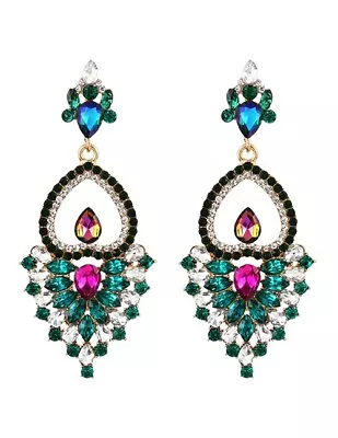 Elegant Fuchsia Green AB Earrings Long Gold Dangle Pageant Rhinestone Crystal • $14.95