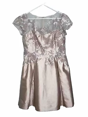 Rickie Freeman Teri Jon Women Sz 14 Blush Lace Overlay Cap Sleeve Blouson Dress • $90