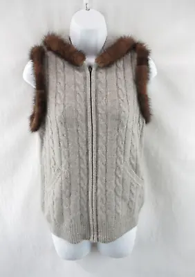 QI 100% Cashmere Mink Fur Trim Cable Knit Full Zip Sweater Vest Size M #K827 • $119.99