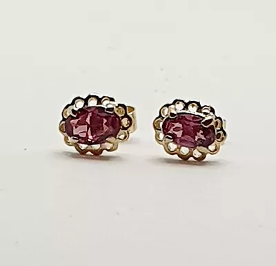 9ct Gold Stud Oval Pink Tourmaline Celtic Twist Edge Yellow Earrings   • £59