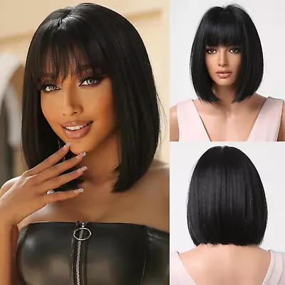Short Straight Black Bob Wigs With Fringe For Women Shoulder Length Synthetic Wi • £29.77