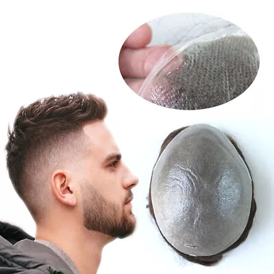 Mens Toupee Hair Replacement System V-loop Super Thin Skin Human Hairpiece • $94.99