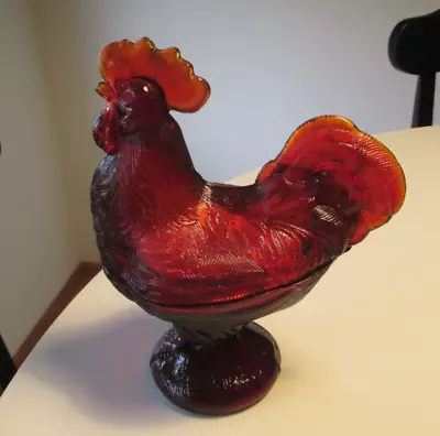 Beautiful Red Glass Rooster Hen On A Nest Pedestal Dish Vintage Exc. • $59