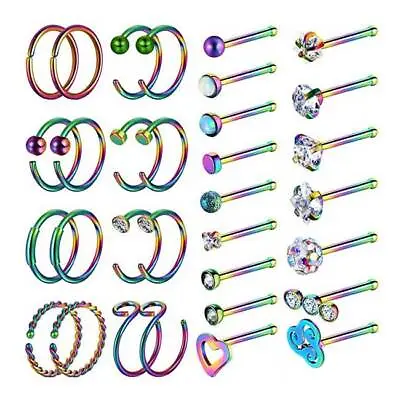 32× Nose Hoop Ring L-shaped Screw Bone Studs Rainbow Surgical Steel Piercing Set • $8.99