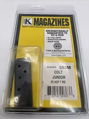 #Y33DR Colt Junior .25 ACP Triple K 363M  7 RD Round Blued Steel Pistol Magazine • $74.99