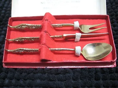 Vintage Rare Jimmy Jewelry Co. Cutlery 3-Piece Brass Set Gold Color Art Handles. • £62.73