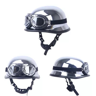 DOT German Motorcycle Half Helmet W/Pilot Goggles Chrome Chopper Scooter Helmet • $53.88