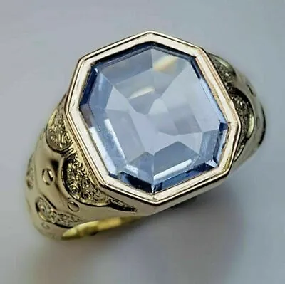 Ascher Cut 3Ct Simulated Aquamarine Solitaire  Men Ring 14K Yellow Gold Plated • $199.99