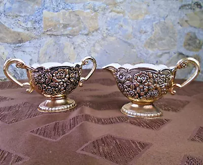 Vintage Cast Metal Creamer & Sugar Set Enameled Lining Floral HiMark Japan • $22.95