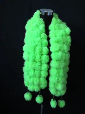 100% Real Rabbit Fur Pom Poms Scarf/ Cape/ Neck Wrap Green Women Shawl  • $16.99