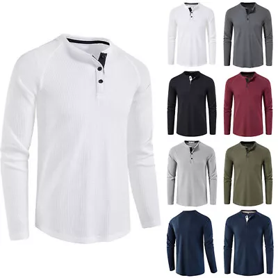 Mens Henley Tops Long Sleeve T-shirt Casual Slim Fit Plain Button Pullover Tunic • £15.27