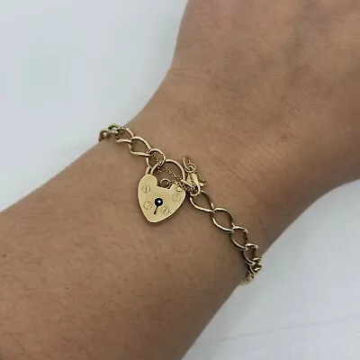 9ct Yellow Gold Charm Bracelet With Love Heart Locket And Safety Chain  7.5 Inch • £275