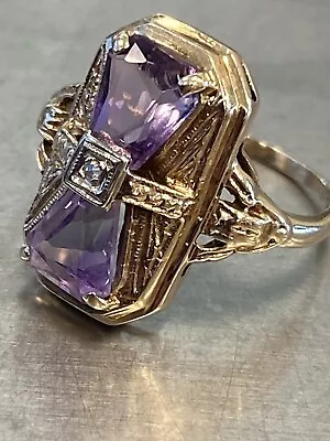 Romany Antique 10k Yellow Gold Amethyst Diamond Ring. Size 7.25 • $284.99