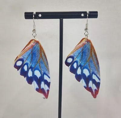 Hook Drop Dangle Pierced Earrings Big Blue Moth Butterfly Wings Costume Jewelry  • $5.99