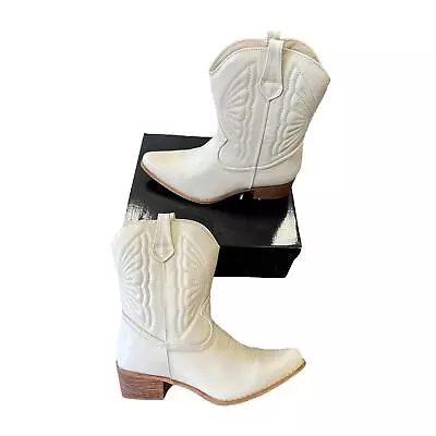 Cowboy Western Boots Mid Calf Shoes Ladies Zip Heel Faux Leather Pointy Womens • £19.99