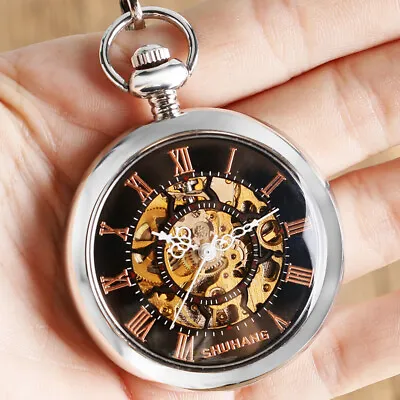 Men's Hand-wind Mechanical Pocket Watch Open Face With Chain Smooth Silver Case • £20.28