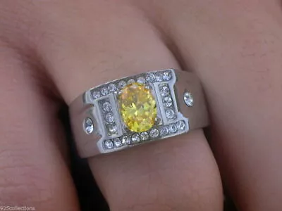 8x6 Mm 316 Stainless Steel November Yellow Topaz CZ Stone Men's Ring Size 7-15 • $30.99