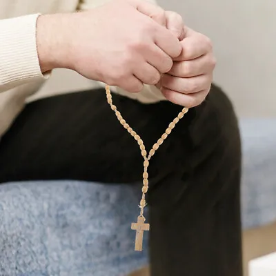  Rosary Pendant Mens Necklaces Catholic Cross Prayer Bead Wooden Beads • £6.48