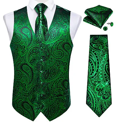 DiBanGu Men's Green Paisley Design Dress Vest And NeckTie Hankie For Suit Set • $24.99