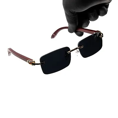 High Quality Mens Black Tint Rimless Gold Frame Wood Vintage Hip Hop Sunglasses • $15.99