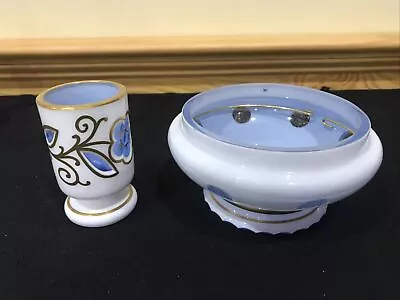 VTG Bohemian Moser Czech White Cased Cut To Blue Glass Toothpick Holder & Bowl • $44.99