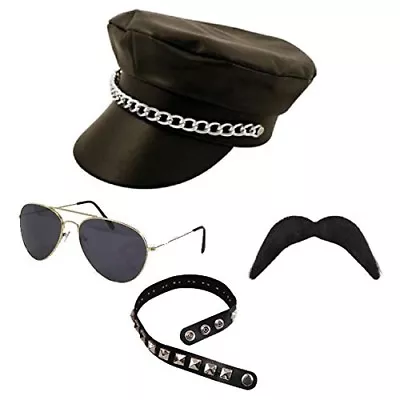 Mens Leather Look Biker Hat Sunglasses Moustache & Choker YMCA Gay Pride Party • £14.99