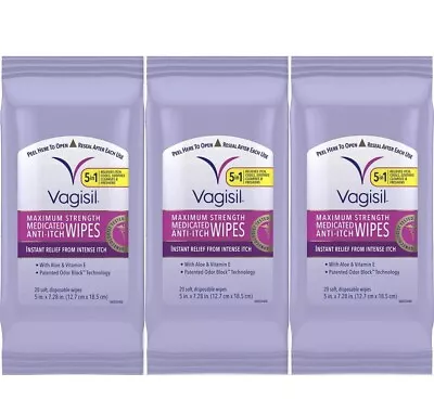 $23.99 • Buy Vagisil Medicated Wipes Max Strength Anti-Itch 20ct ( 3 Pack ) 60 Total