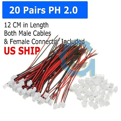 20 SETS Mini Micro JST 2.0 PH 2-Pin Connector Plug With Wires Cables 26AWG • $5.95