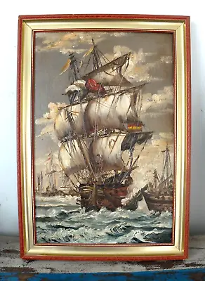 Vintage Spanish Galleon Oil Painting On Canvas. Signed. • £180