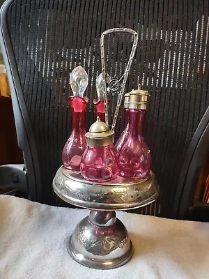 Vintage Cranberry Glass Cruet Castor Set Silver Plate Condiment Caddy Victorian • $139.99
