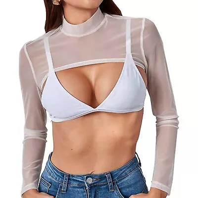 Women Mesh Crop Tops Long Sleeve Sexy Cover Up Swim Beach Mesh Shrug Bolero Tops • $9.94