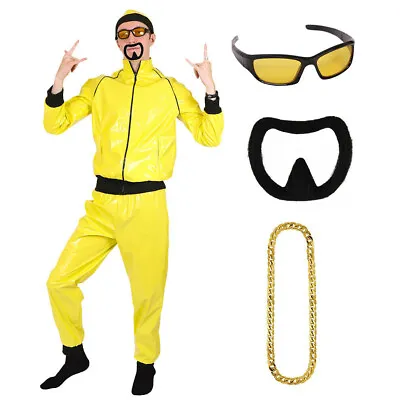 Mens 90's Rapper Costume Yellow Tracksuit Gangster Novelty Adults Fancy Dress • £39.99