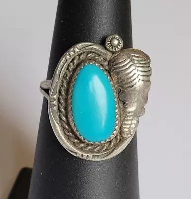 Vintage Navajo Sterling Silver Turquoise Feather Ring Size 6 Signed Handcrafted • $48