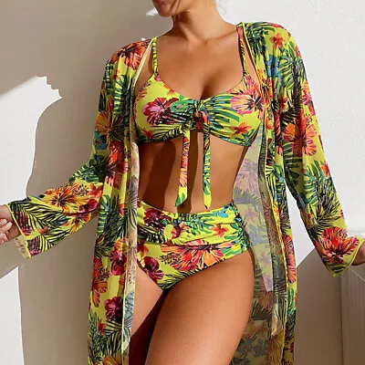 Women Bikini Long Sleeve Padded High Waist Swimsuit Set Swimwear Cover Up Ladies • £23.99