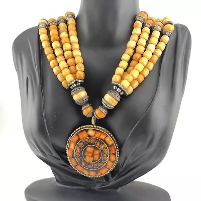 Vintage Spiny Oyster? Coral? Inlaid Beaded Necklace 27” Orange Tribal Statement • $79