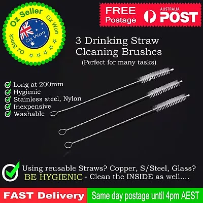 3 Pcs Drinking Straw Cleaner Reusable Brush Tube Pipe Nylon Stainless Steel Long • $3.65