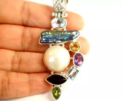 White Mabe Pearl Black Biwa Multi Gemstone 925 Sterling Silver Pendant • $129