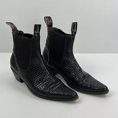 RM WILLIAMS Womens Black Woven Leather Pointed Toe Heeled Ankle Boots Size 6.5 • $246