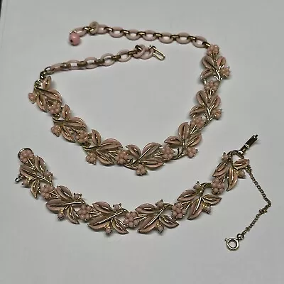 Pink Enameled CORO Necklace And Bracelet Floral Set  Pink Pearl Beads • $50