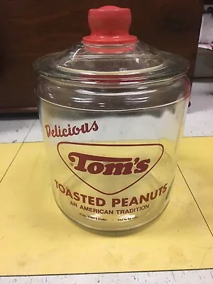 Vtg TOM'S DELICIOUS TOASTED PEANUTS Glass Storage Jar Red Handle Lid USA  • $114.99