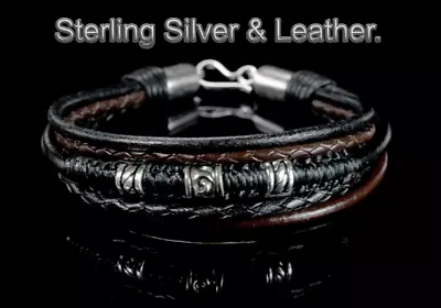 Armband Wristband Sterling Silver & Leather Men Bracelet 3B-561 • £27.85