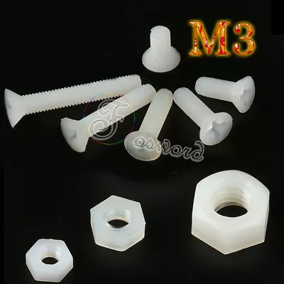 M3 Countersunk Head Screws Hex Nuts Phillips Elec. Insulate Bolt White Nylon PCB • £1.50