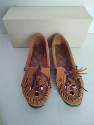 Women's Minnetonka Hand Beaded Brown Leather Moccasins In Box • $14.59