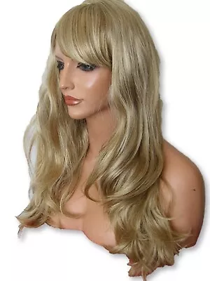 Long Sandy Blonde Natural Wavy Curly Full Fringe Womens Ladies WIG UK G20 • £12.99