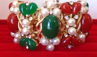 AS IS  Wearable Broke Crown TRIFARI  Kashmir Bracelet Vintage Cabochon Red Green • $75