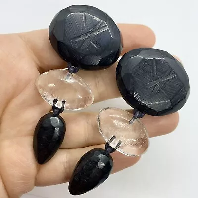 Vtg Gerda Lynggaard Monies Oversized Black Clear Chunky Earrings Clip  3”+ • $195.95