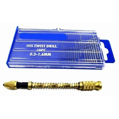  Archimedes Hand Drill+ 20 Micro HSS Twist  Bit Set Jewellery Model Making Tools • £4.79