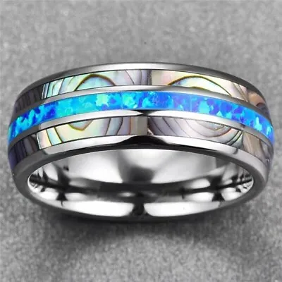 Stainless Steel Ring Titanium Blue Opal Silver Mens Rings Party Wedding • $7.61