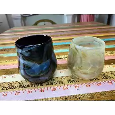 VINTAGE Hand Blown ART GLASS Drinking Tumbler Pair Of 2 Honeycomb Swirl • $17.99