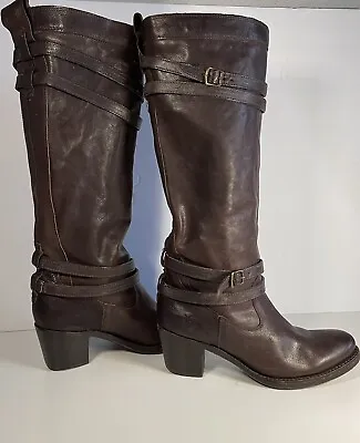 Frye Women's Jane Tall Riding Boot Size 7.5 Brown Leather Bock Heel Western Boho • $65
